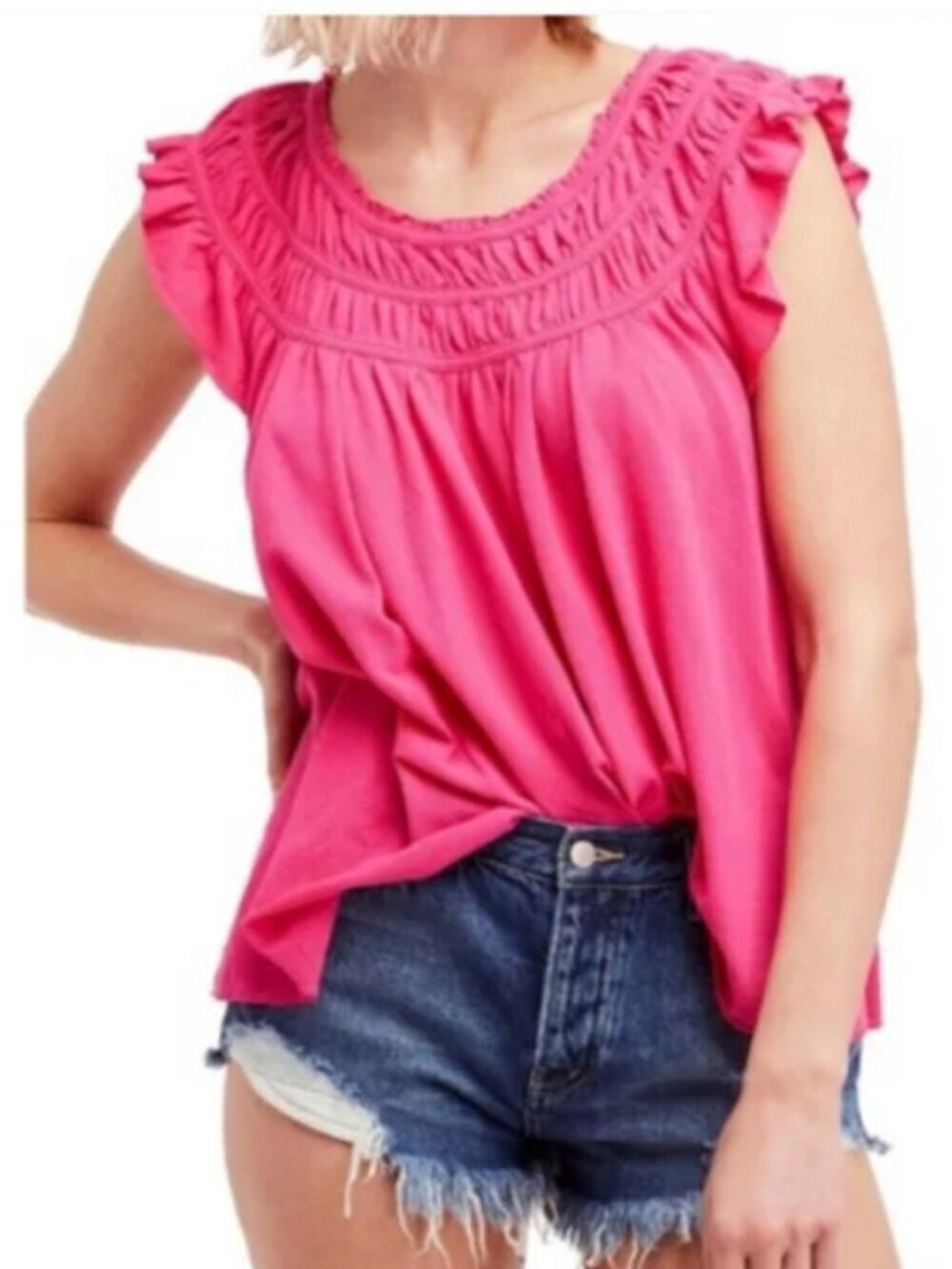 We The Free hot pink ruffle smocked top Sz M
